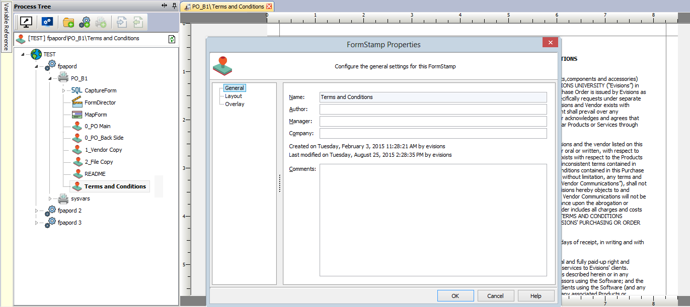 Form stamp properties dialog. General is selected from the tree on the left. On the right are text fields for you to fill out information about the form stamp; including, name, author, manager, and company. There is also a comments field available. The dialog also indicates the created date and the last modified date.